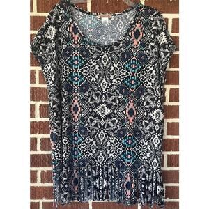 Ginger Jar Multicolored Southwestern Fringed Short Sleeve Knit Top Sz Large